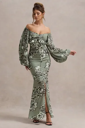 Murcia | Olive Floral Print Chiffon Puff-Sleeve Button Maxi Dress Club L London