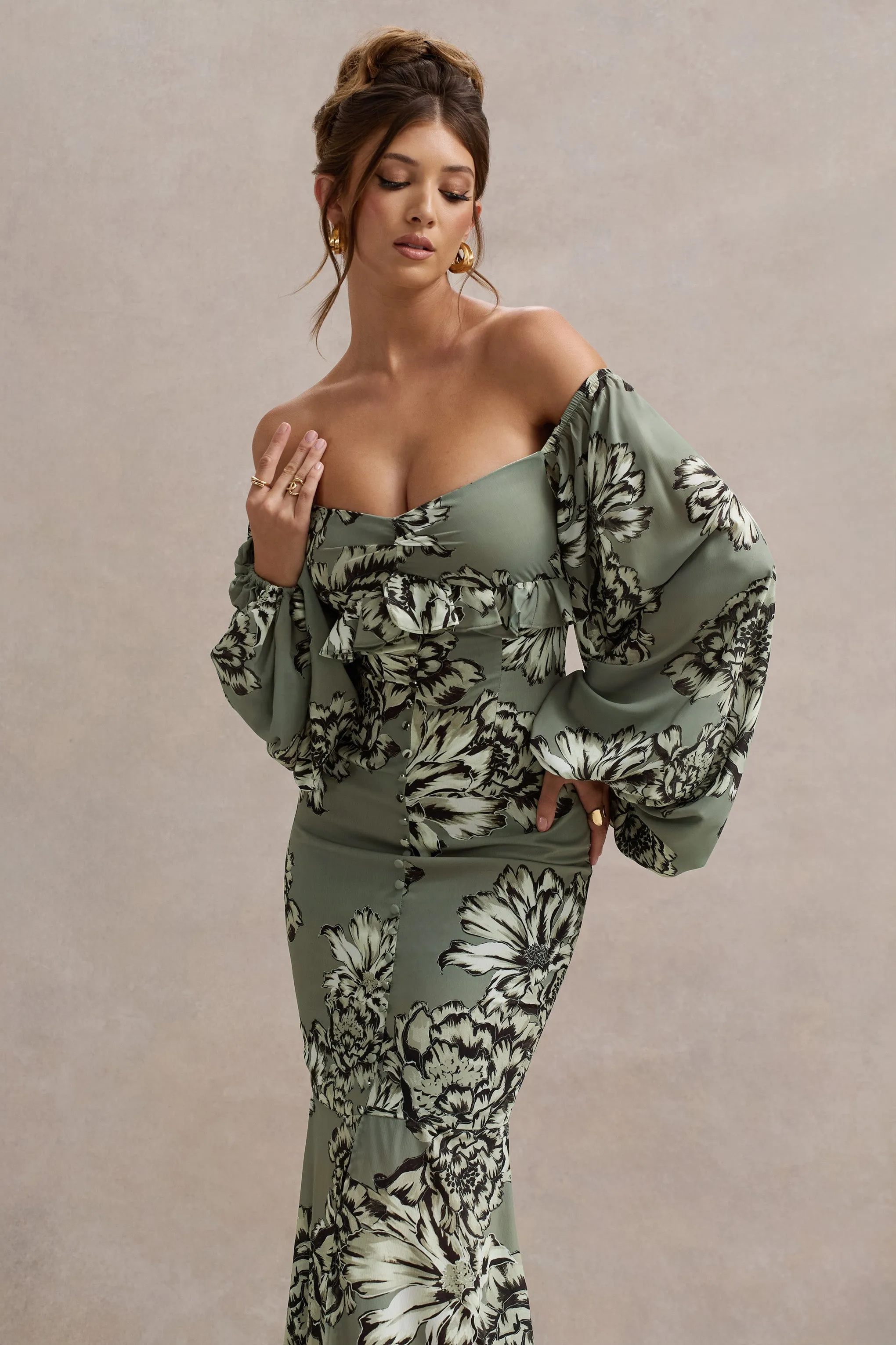 Murcia | Olive Floral Print Chiffon Puff-Sleeve Button Maxi Dress Club L London