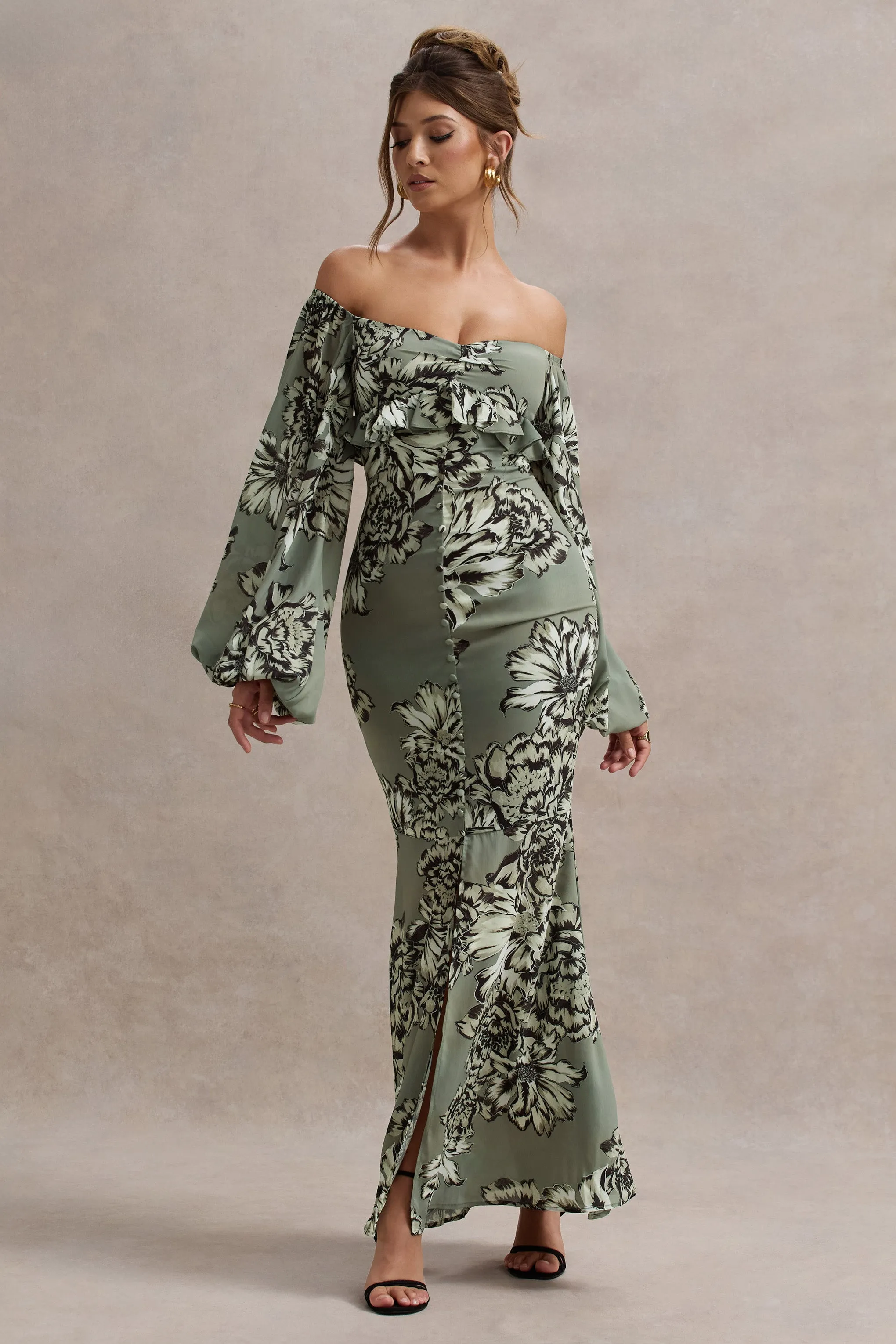 Murcia | Olive Floral Print Chiffon Puff-Sleeve Button Maxi Dress Club L London