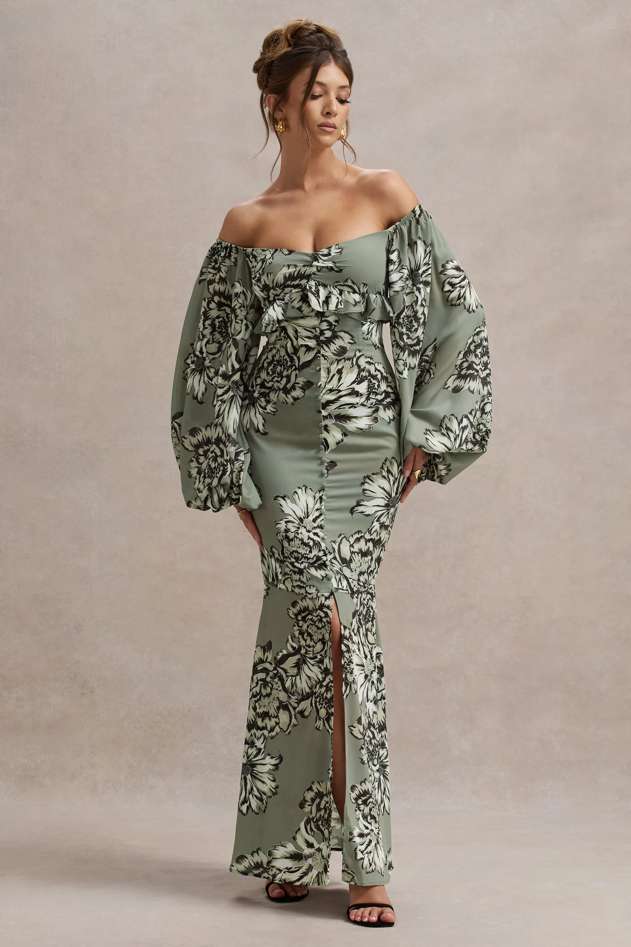 Murcia | Olive Floral Print Chiffon Puff-Sleeve Button Maxi Dress Club L London