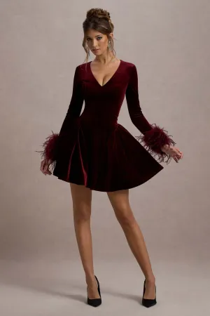 Pasilla | Port Velvet Plunge-Neck Feather Trim Mini Dress Club L London