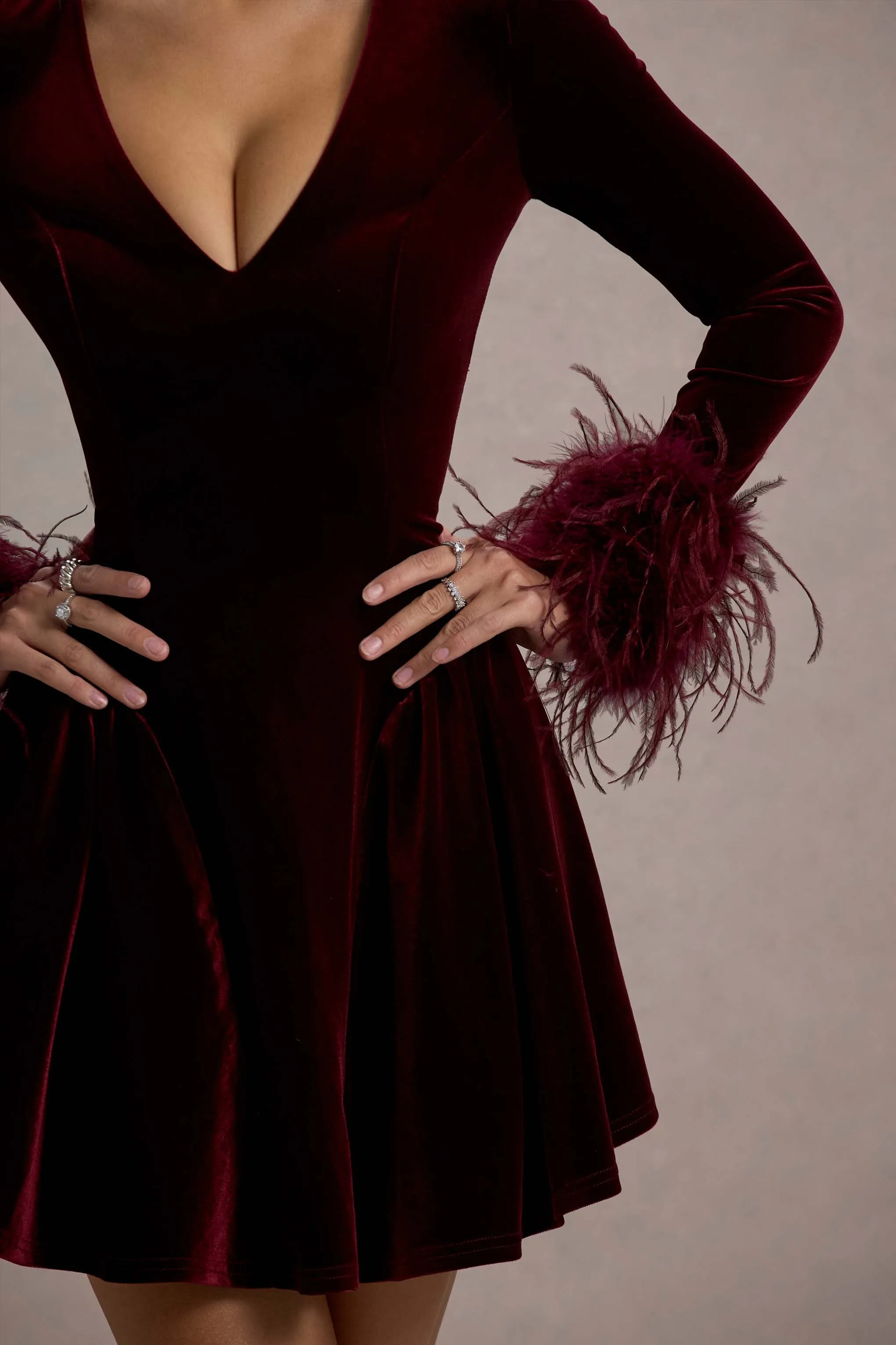 Pasilla | Port Velvet Plunge-Neck Feather Trim Mini Dress Club L London
