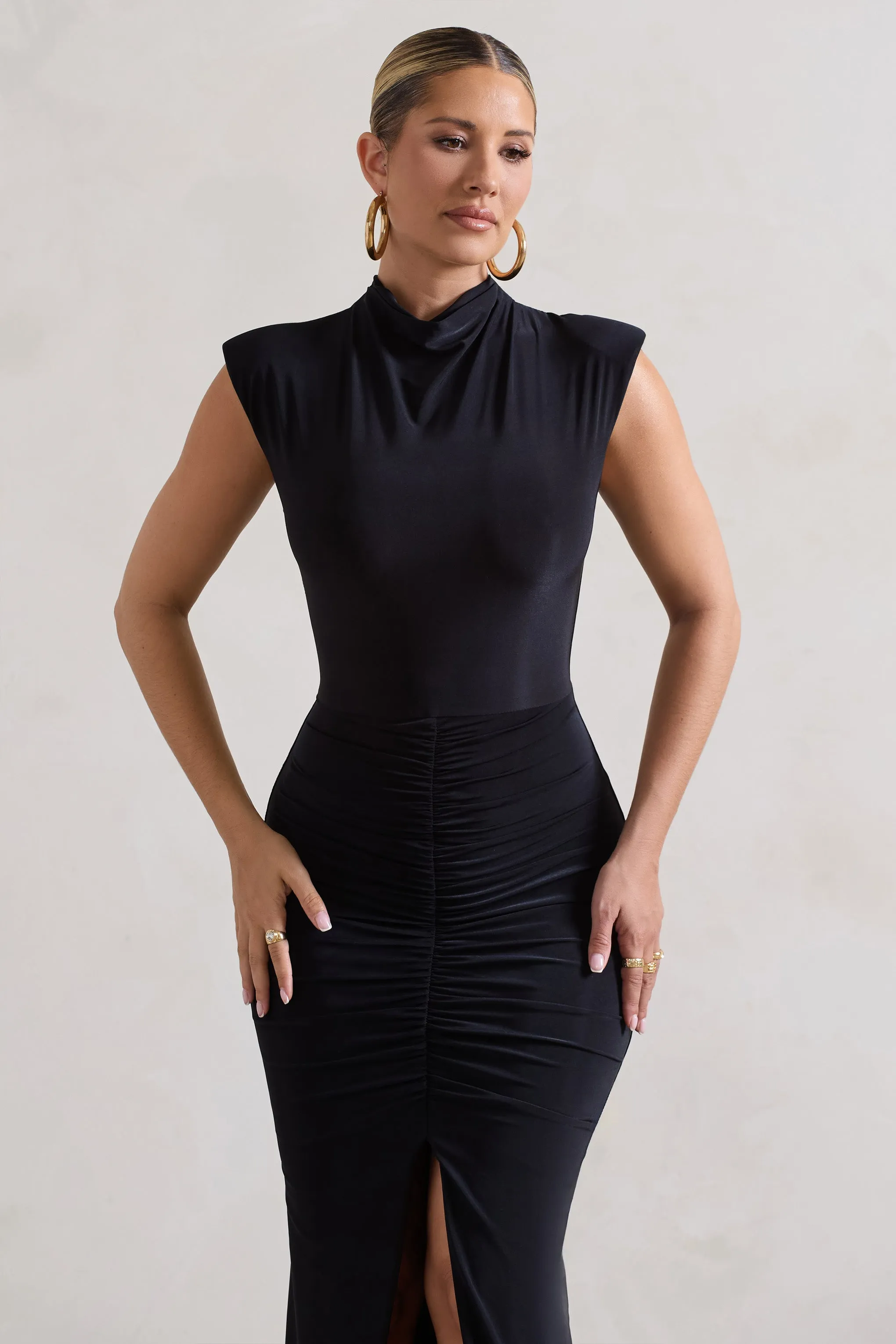 Samira | Black Ruched High-Neck Split Maxi Dress Club L London