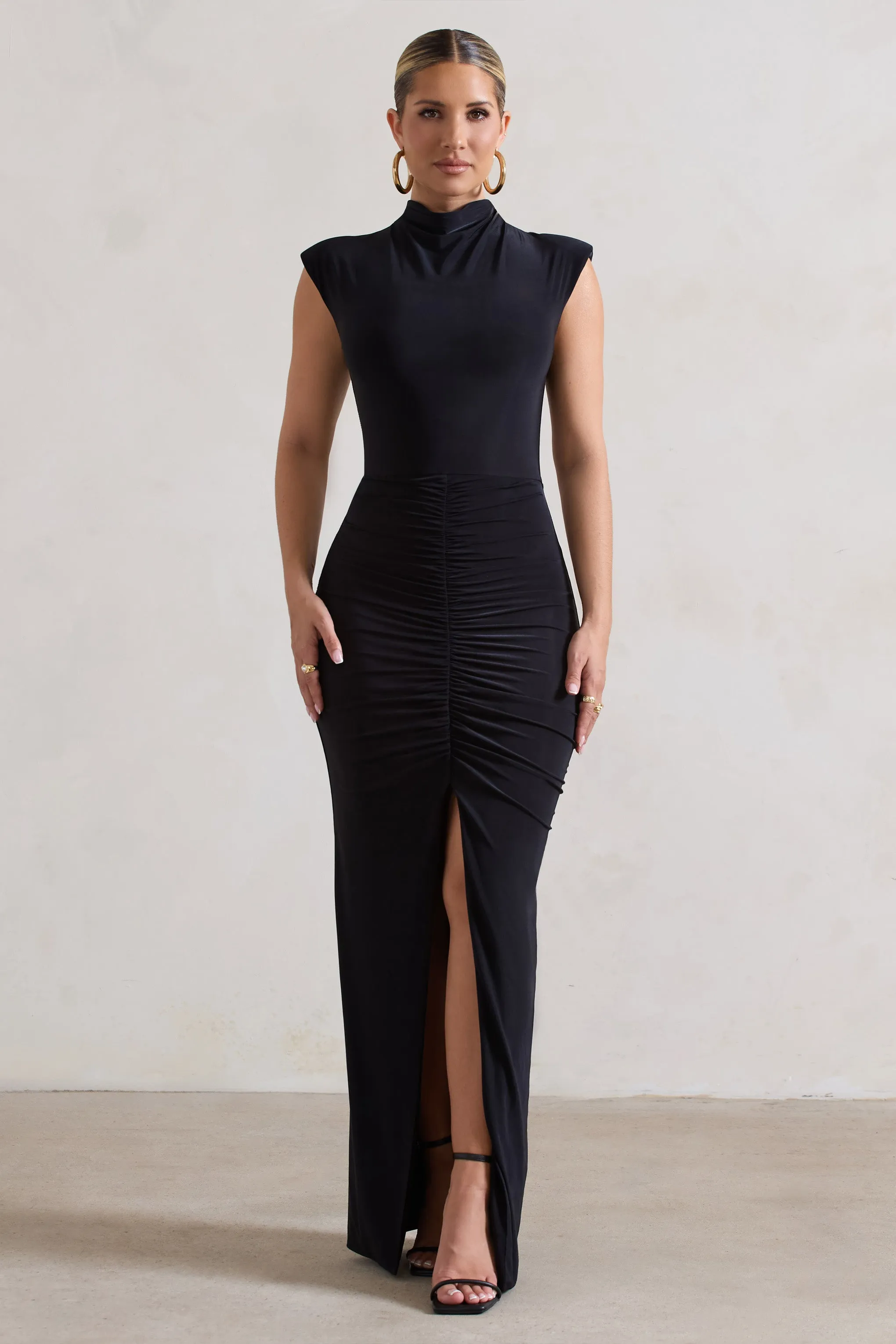 Samira | Black Ruched High-Neck Split Maxi Dress Club L London