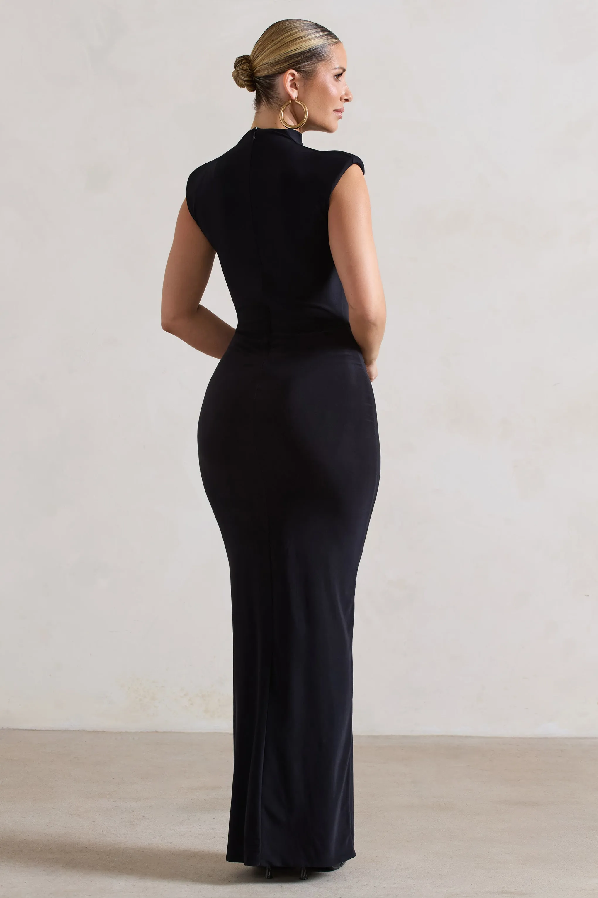 Samira | Black Ruched High-Neck Split Maxi Dress Club L London