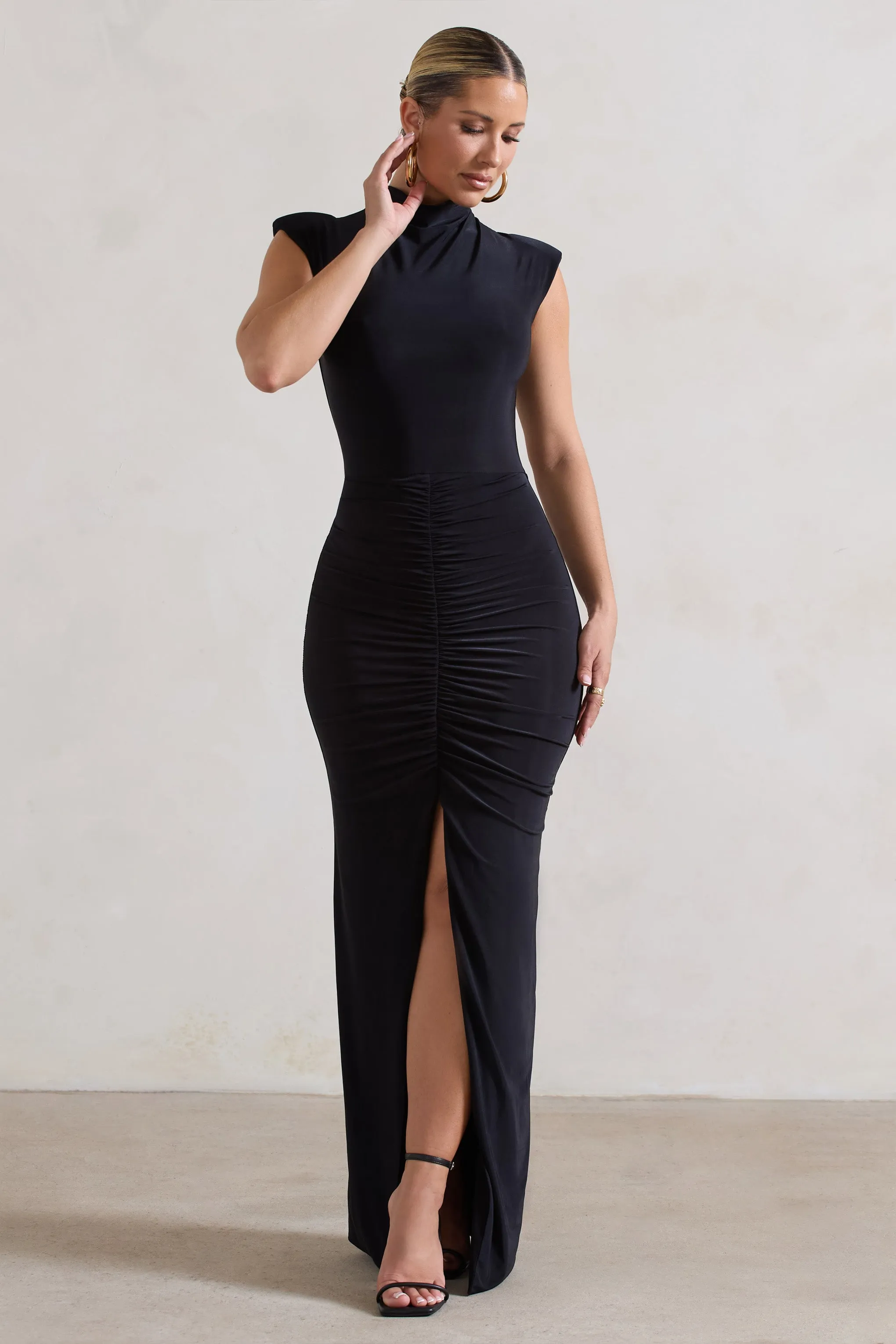 Samira | Black Ruched High-Neck Split Maxi Dress Club L London