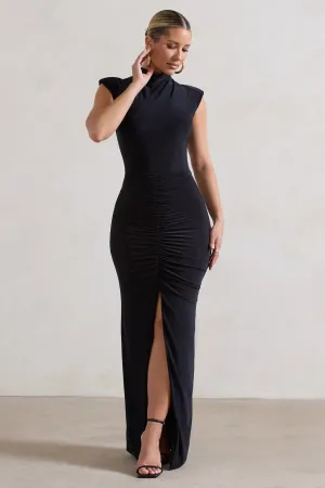 Samira | Black Ruched High-Neck Split Maxi Dress Club L London