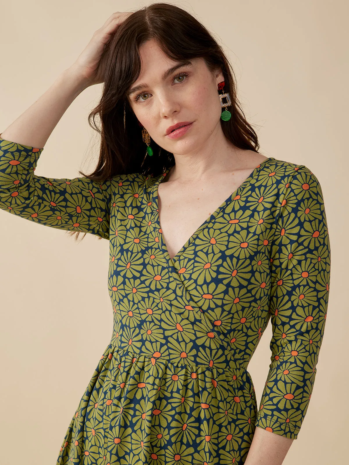 Selling Fast Callie 3/4 Sleeve Wrap Dress - Olive Floral  Limited Release!