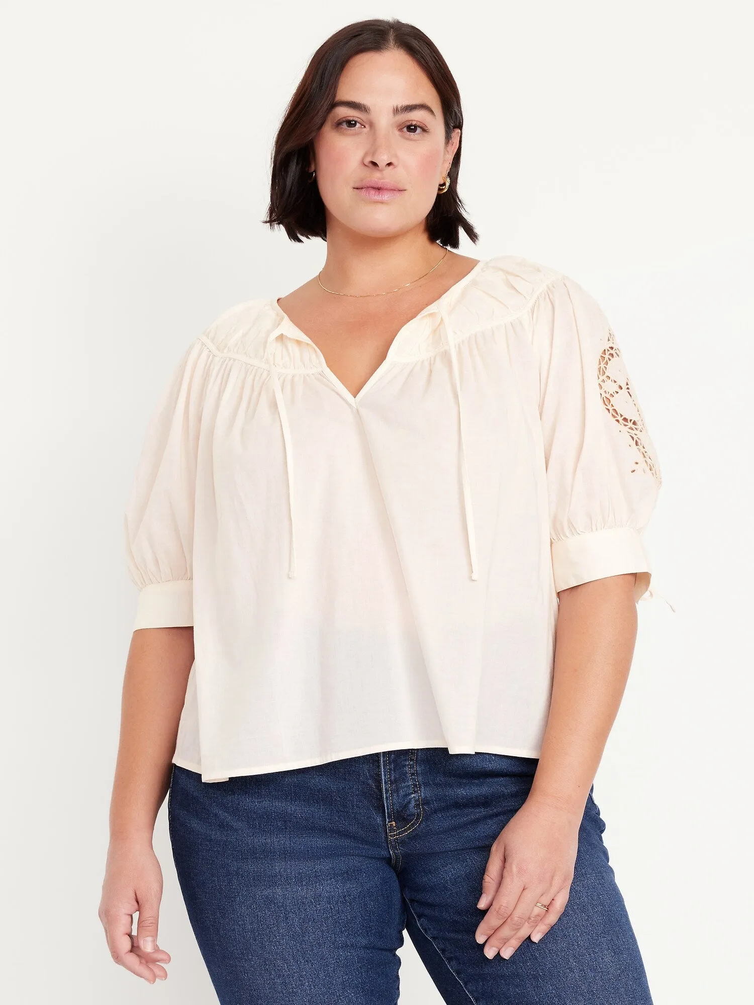 Split-Neck Eyelet-Sleeve Top