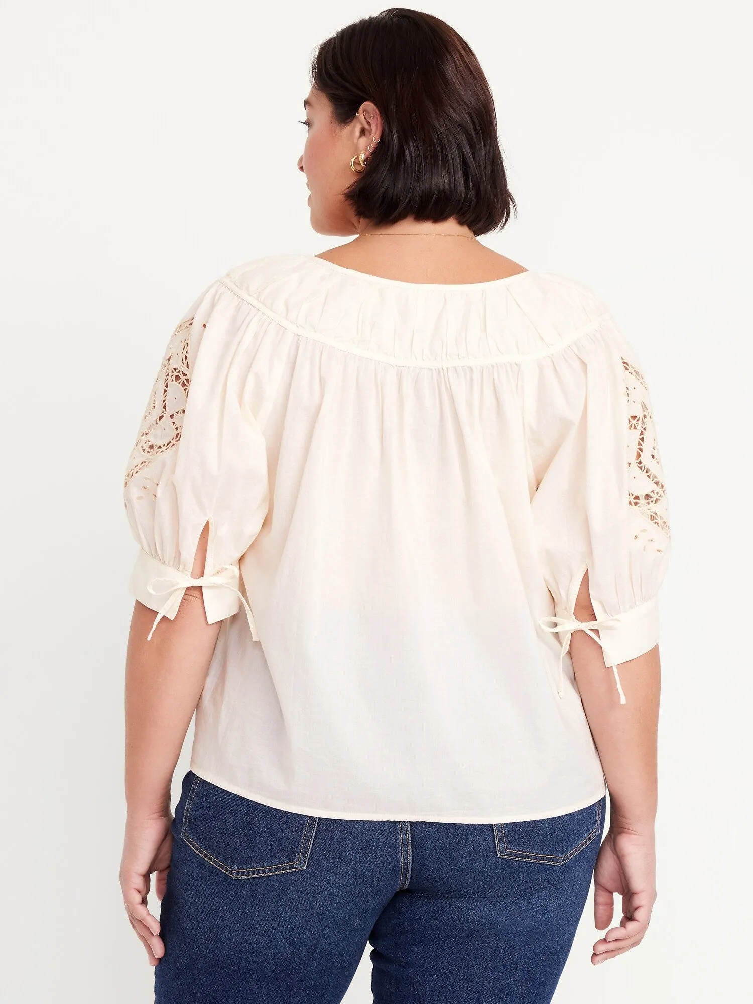 Split-Neck Eyelet-Sleeve Top