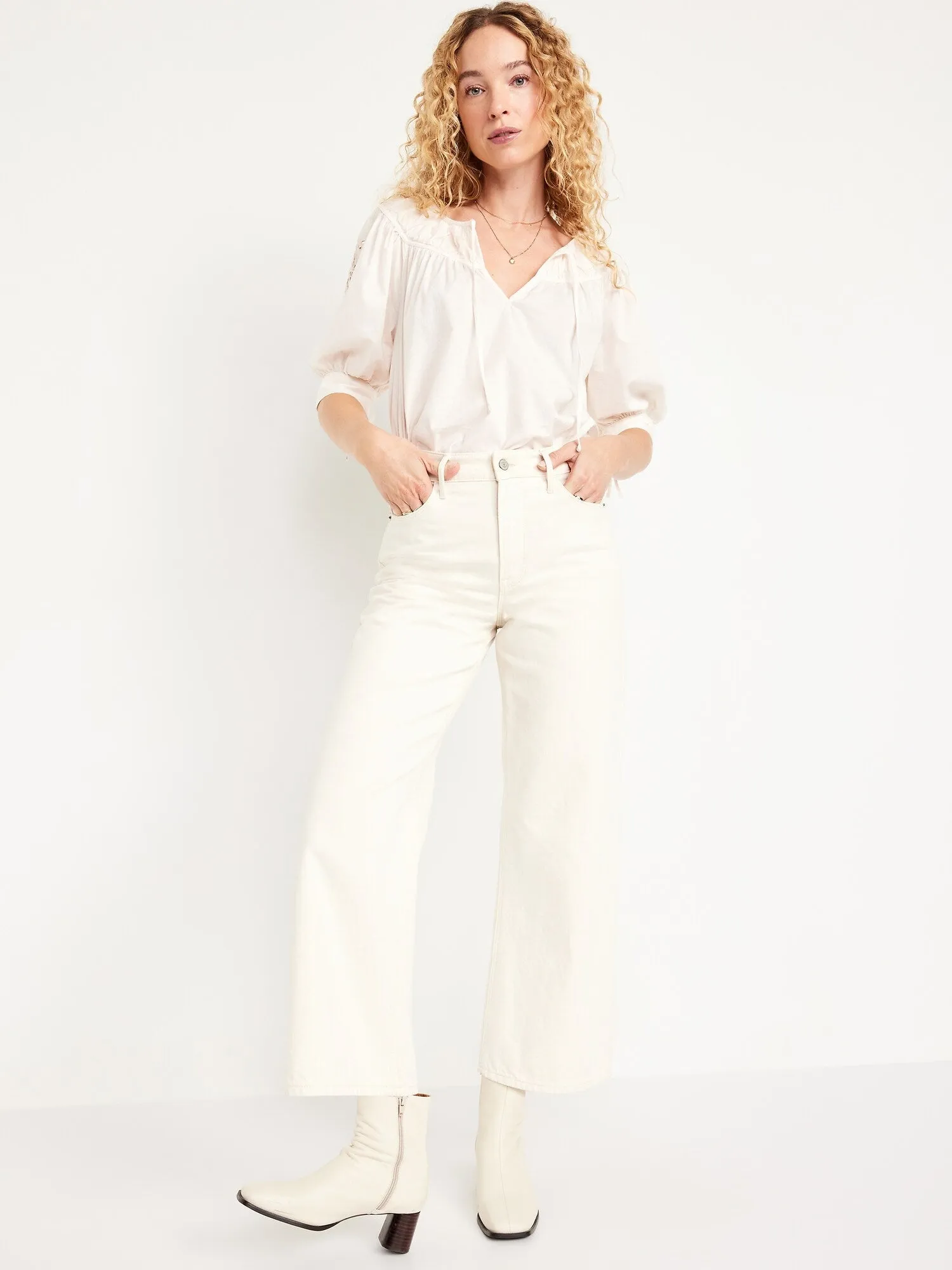 Split-Neck Eyelet-Sleeve Top