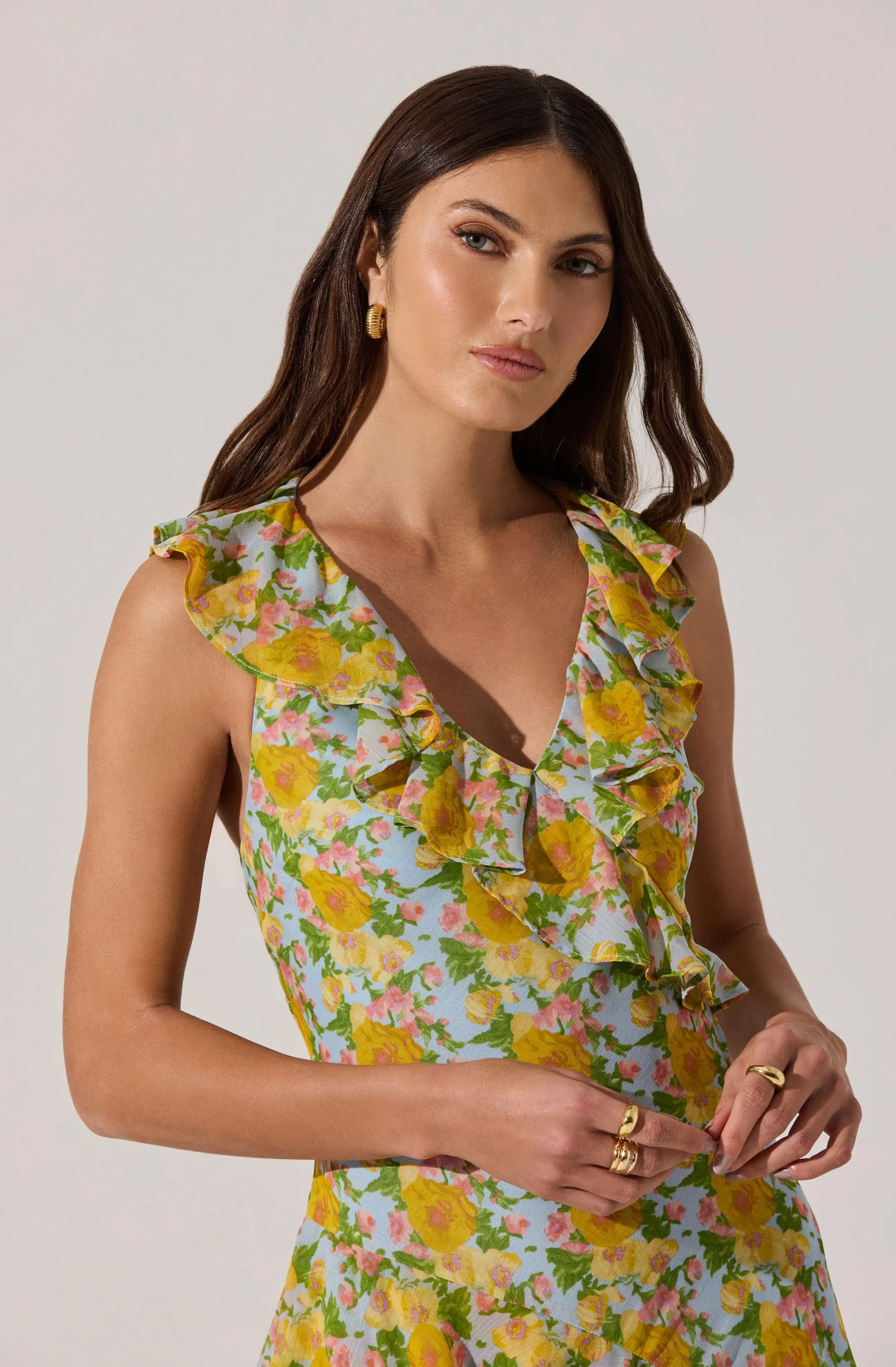 Top Rated V-neck Floral Ruffle Midi Dress  Going Fast!