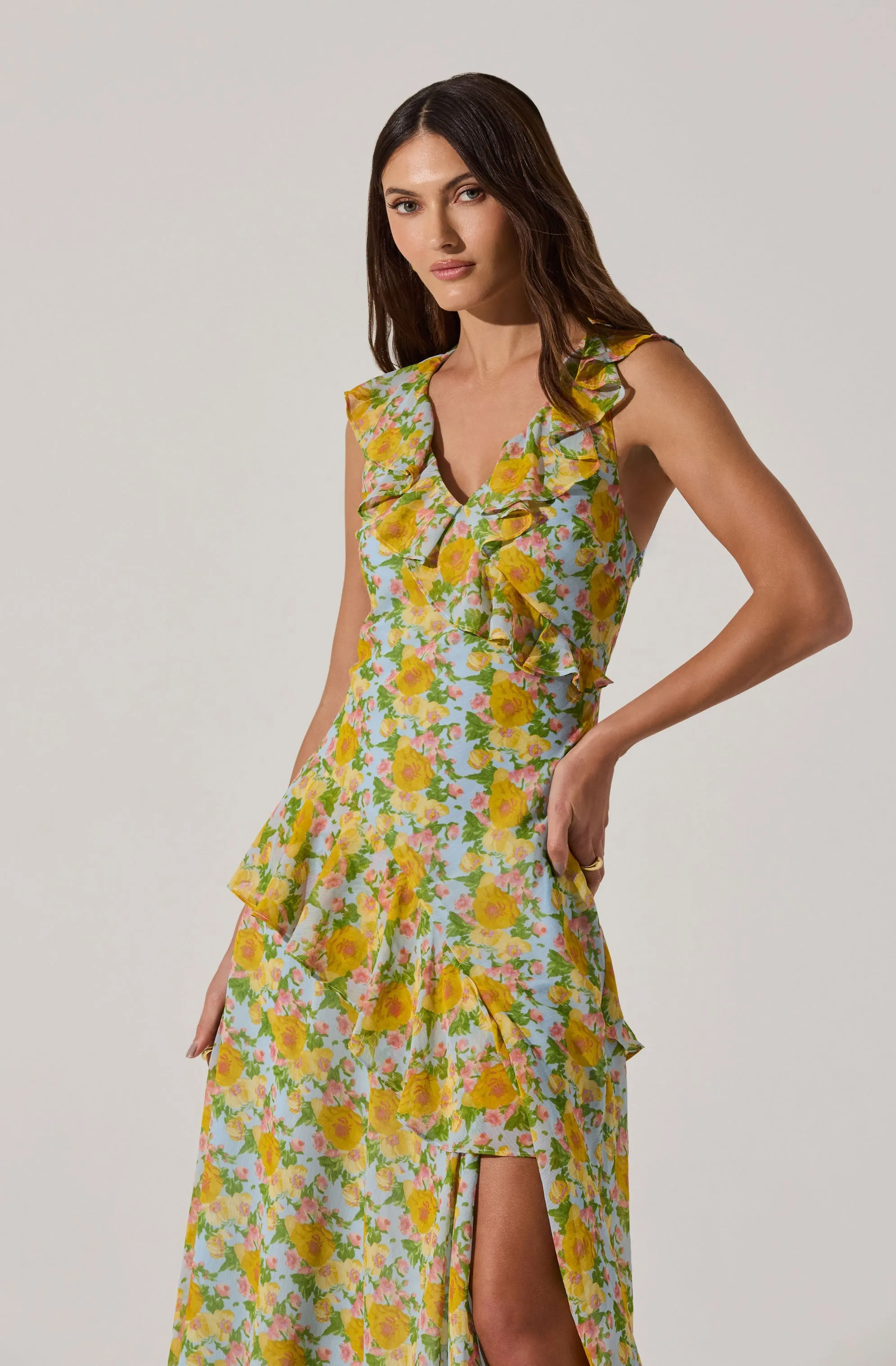 Top Rated V-neck Floral Ruffle Midi Dress  Going Fast!