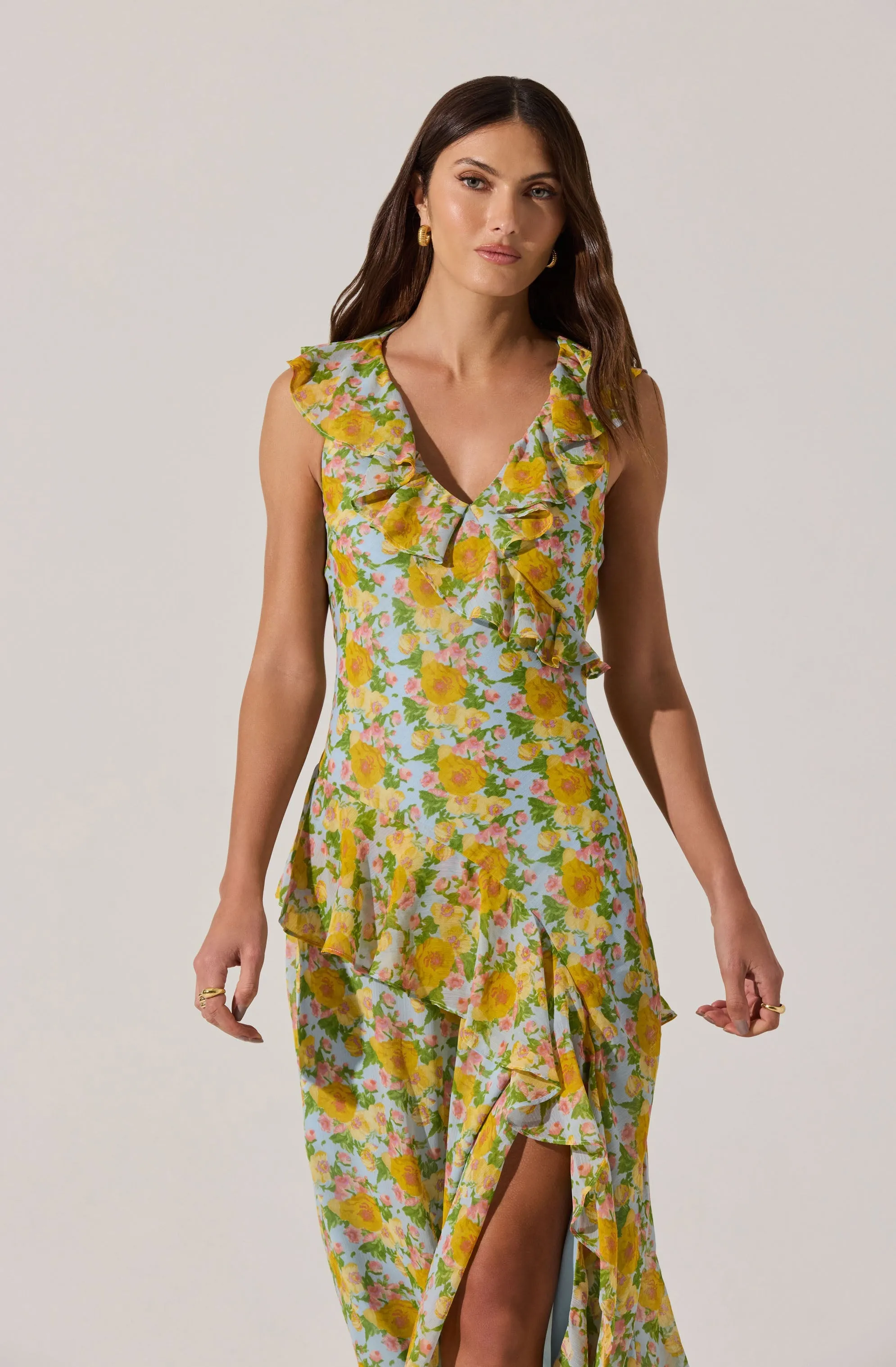 Top Rated V-neck Floral Ruffle Midi Dress  Going Fast!