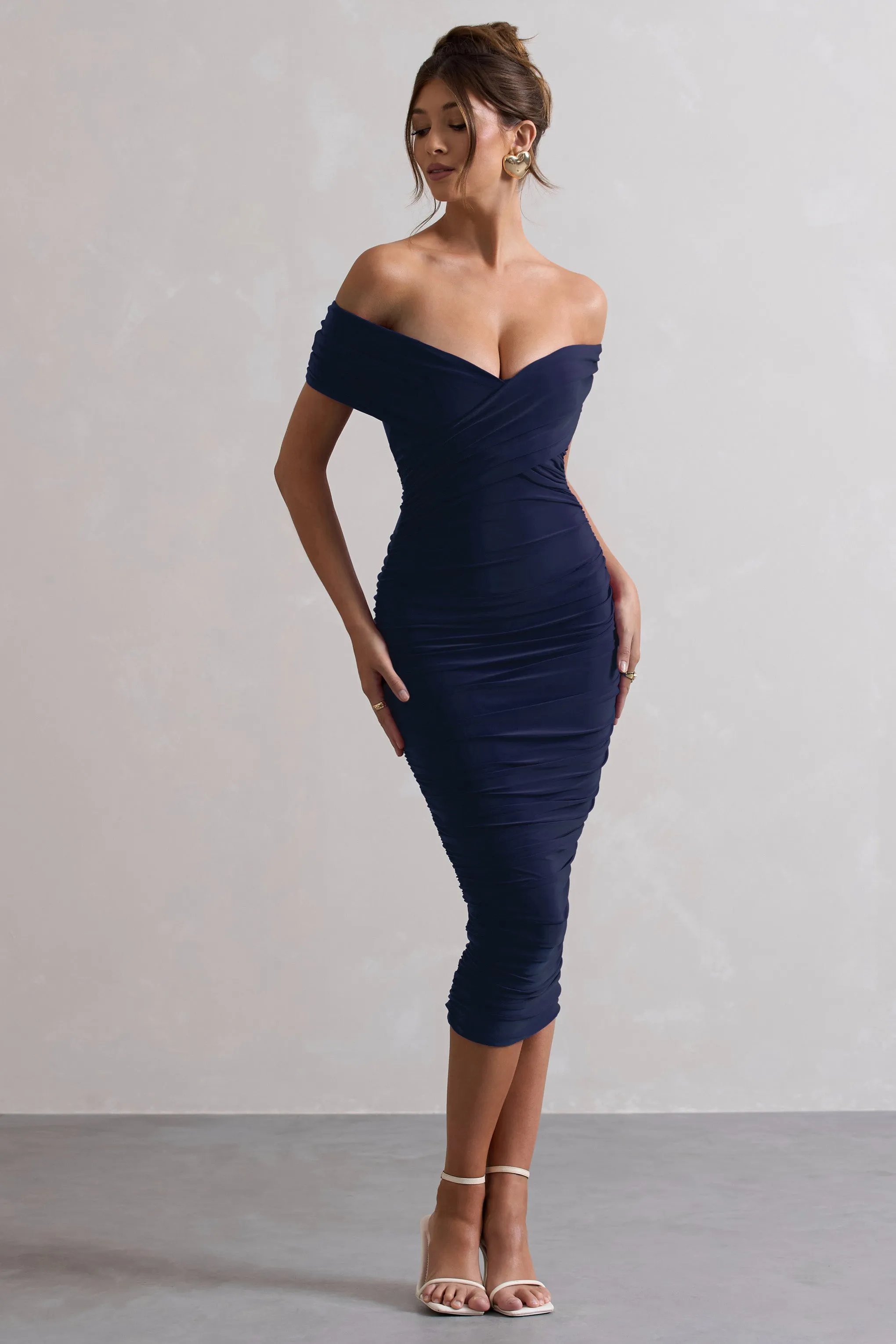 Unwrapped | Navy Ruched Twist Bardot Midi Dress Club L London