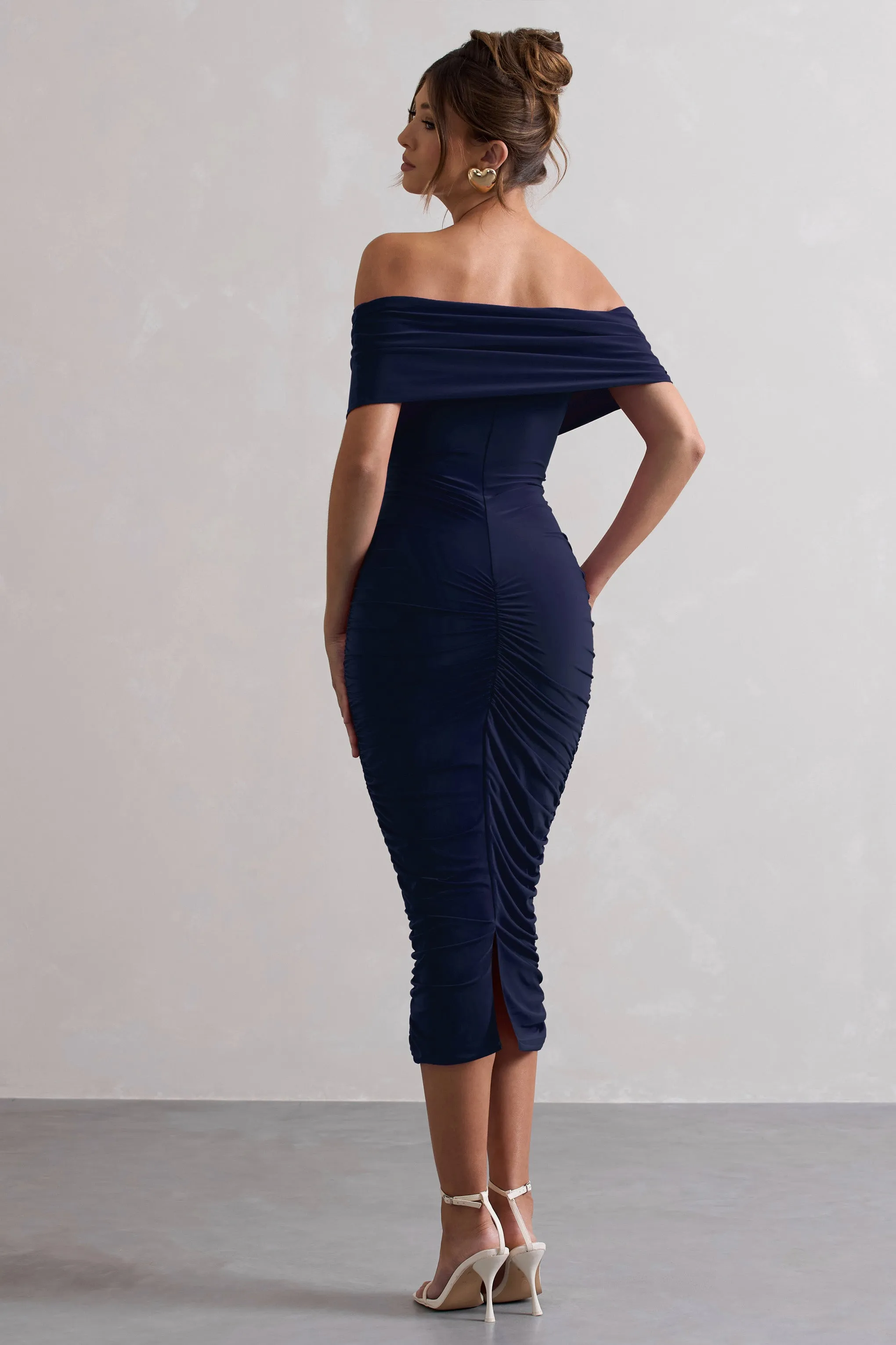 Unwrapped | Navy Ruched Twist Bardot Midi Dress Club L London