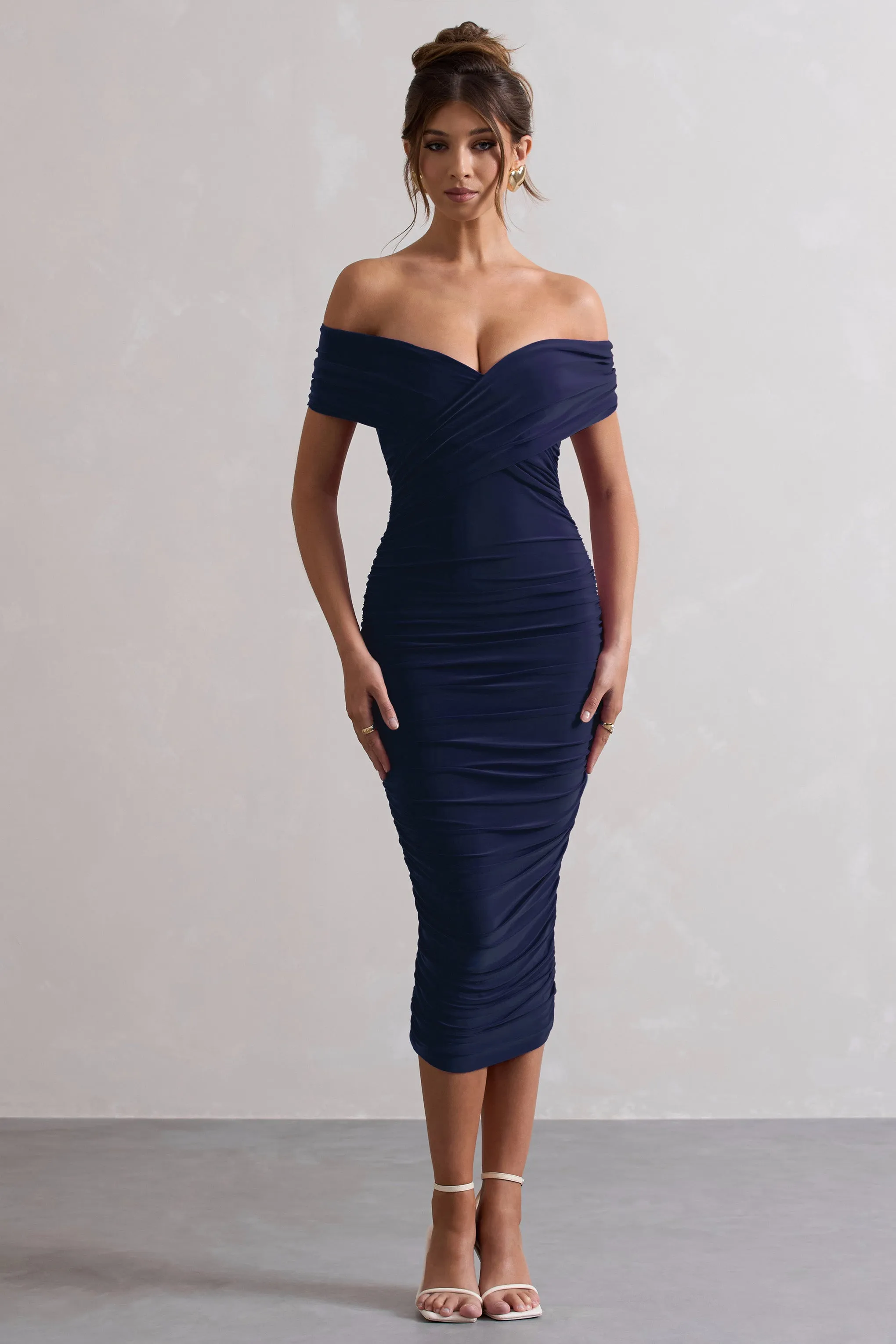 Unwrapped | Navy Ruched Twist Bardot Midi Dress Club L London