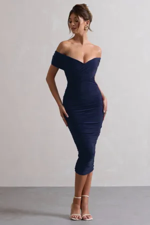Unwrapped | Navy Ruched Twist Bardot Midi Dress Club L London