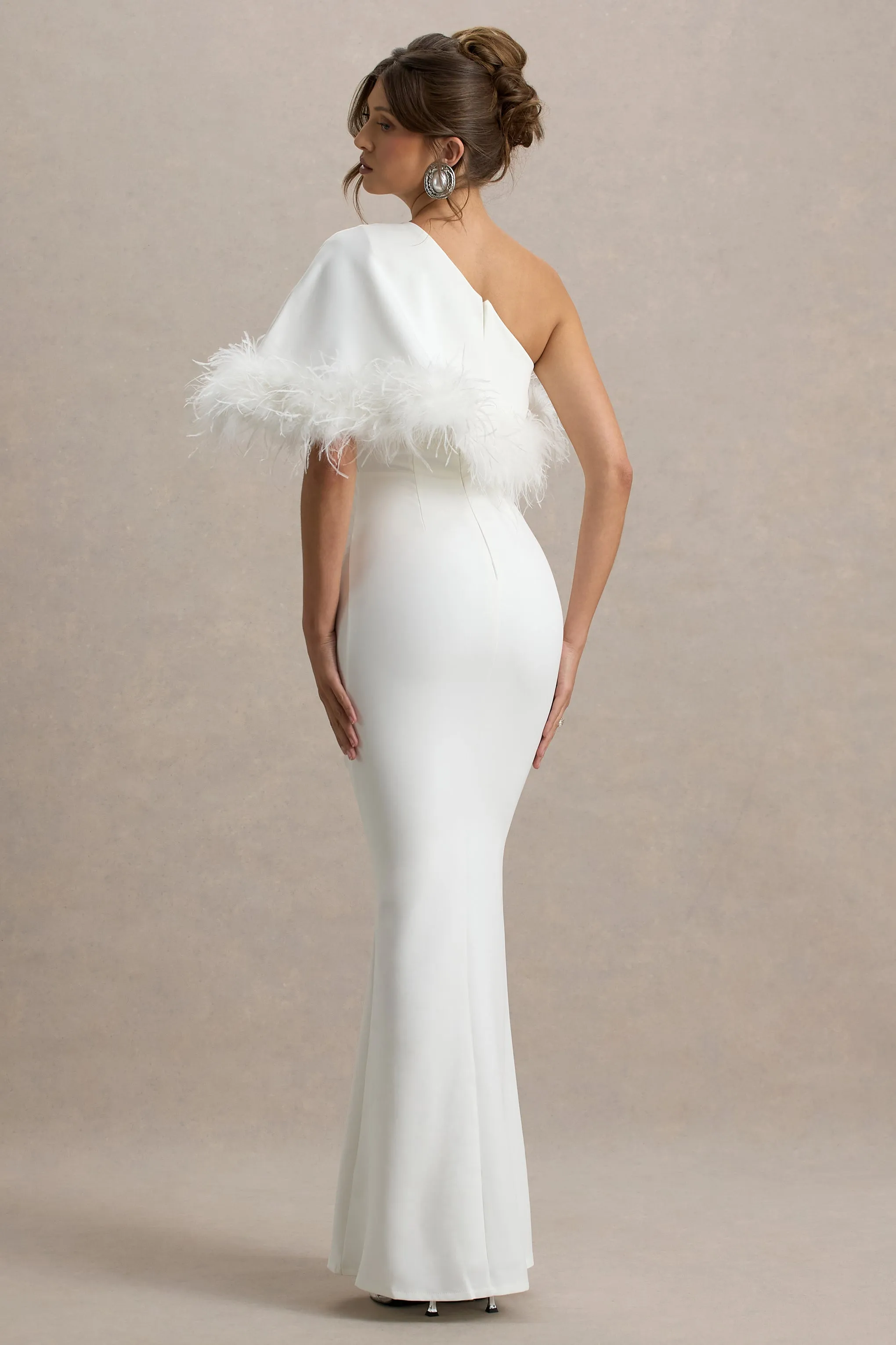 Valor | White Asymmetric Maxi Dress With Feather Trim Club L London