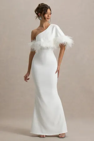 Valor | White Asymmetric Maxi Dress With Feather Trim Club L London