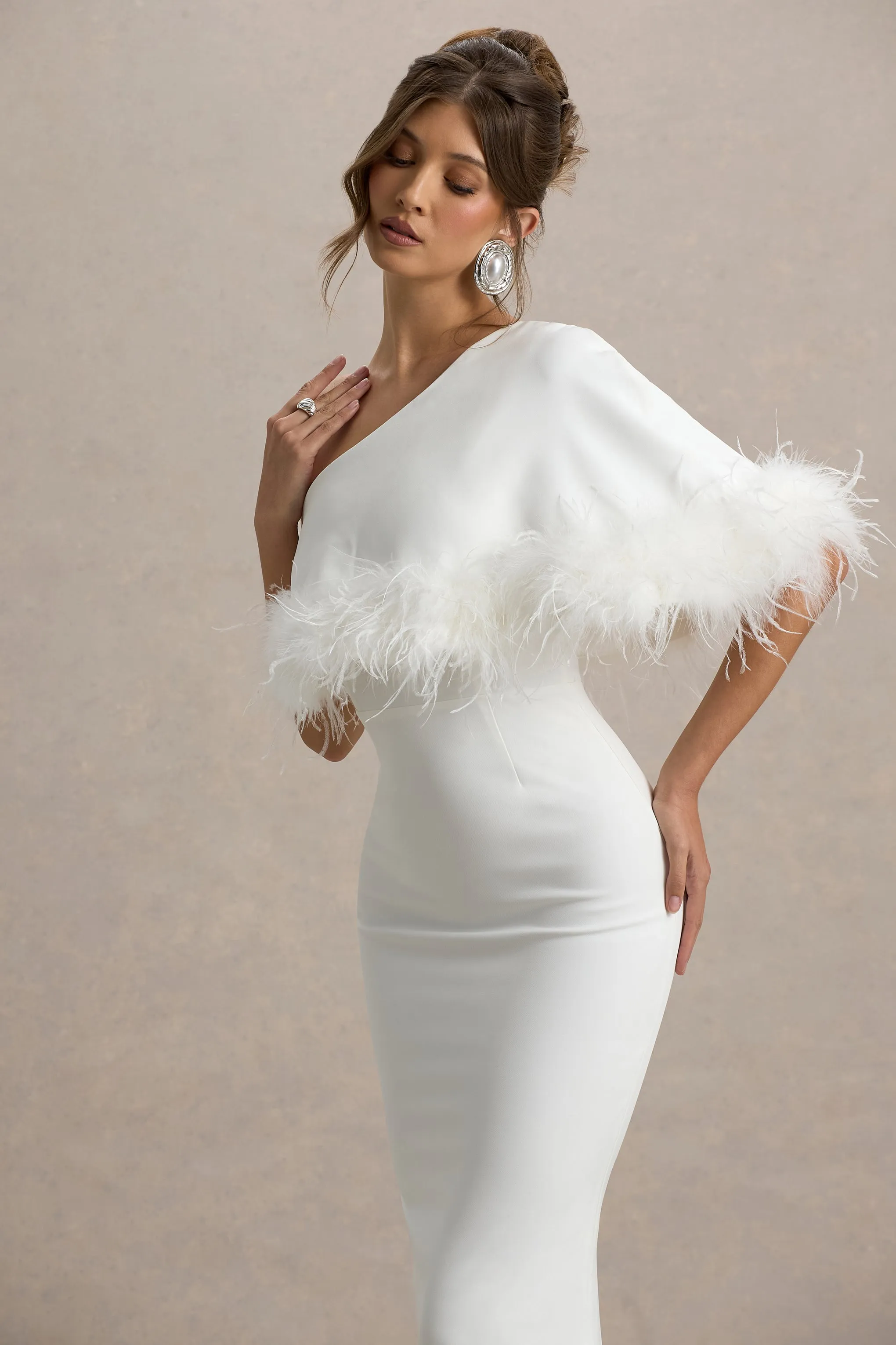 Valor | White Asymmetric Maxi Dress With Feather Trim Club L London