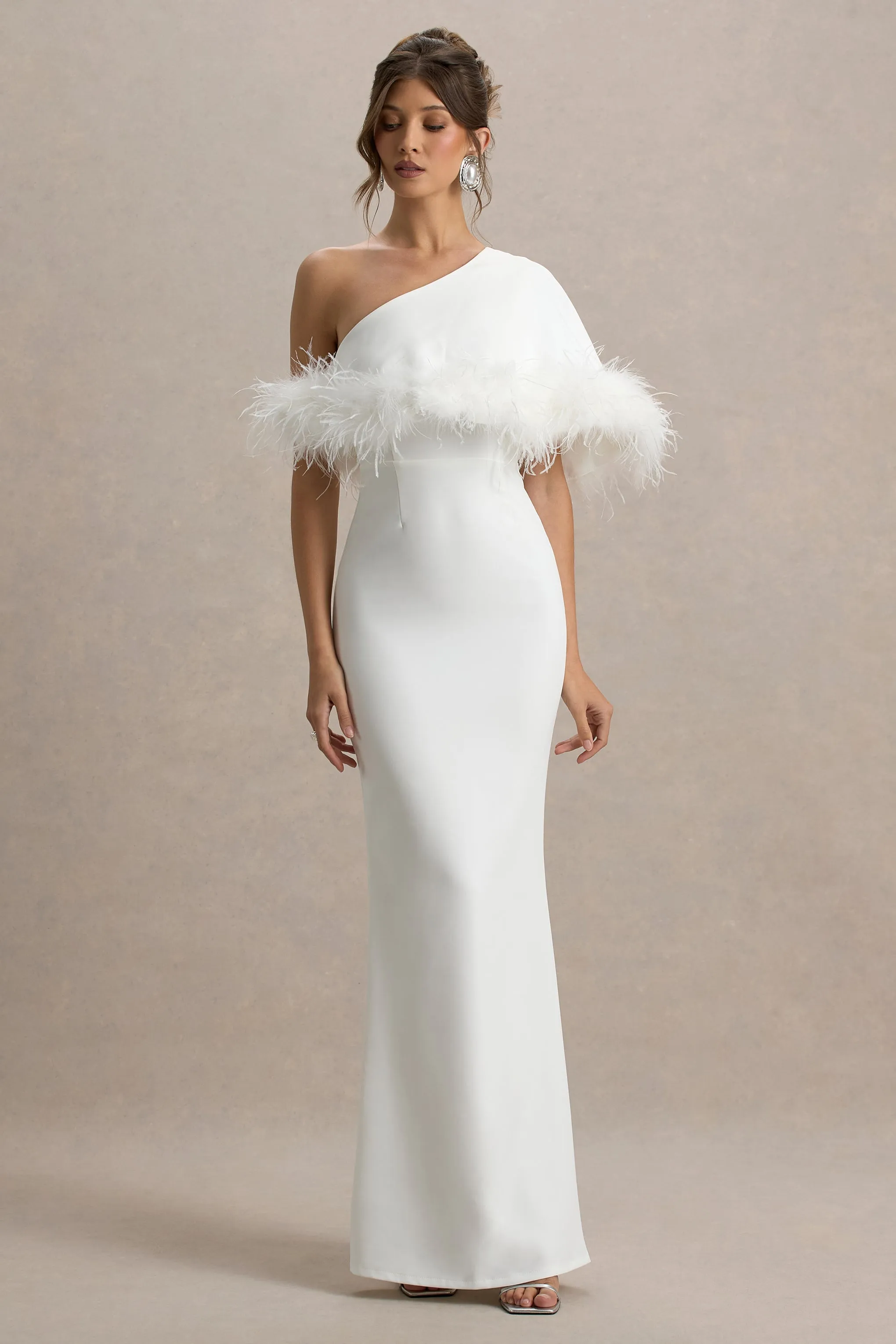 Valor | White Asymmetric Maxi Dress With Feather Trim Club L London