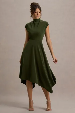 Velma | Olive Satin Midi Dress With Draped Hem Club L London