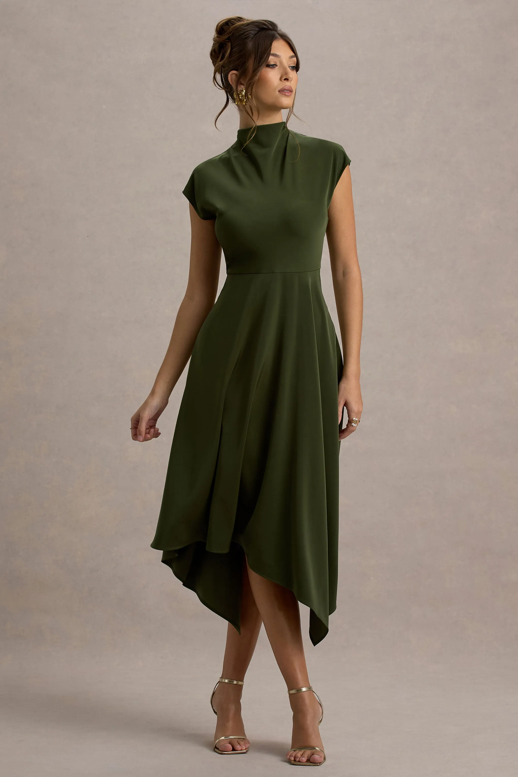 Velma | Olive Satin Midi Dress With Draped Hem Club L London