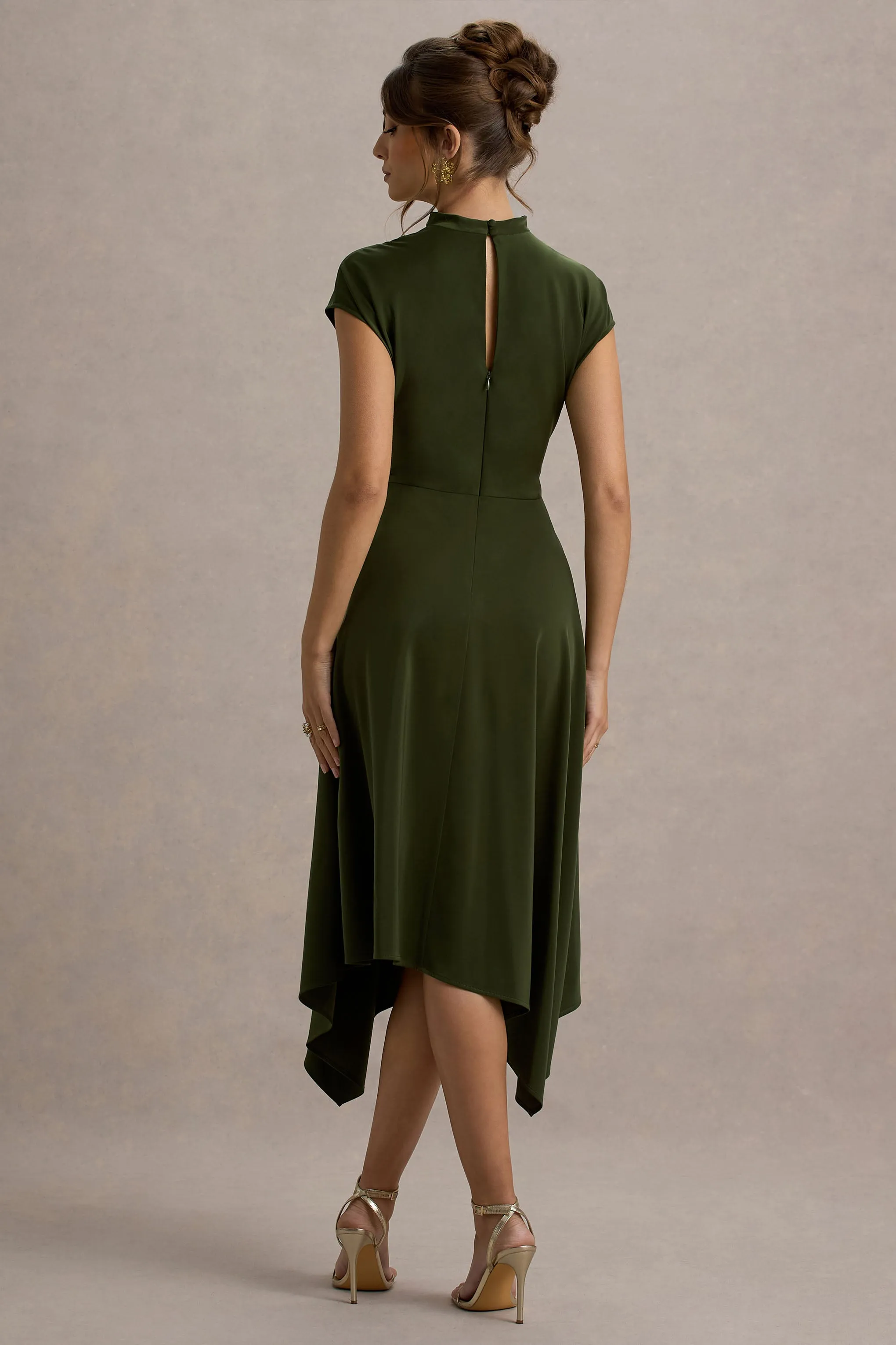 Velma | Olive Satin Midi Dress With Draped Hem Club L London