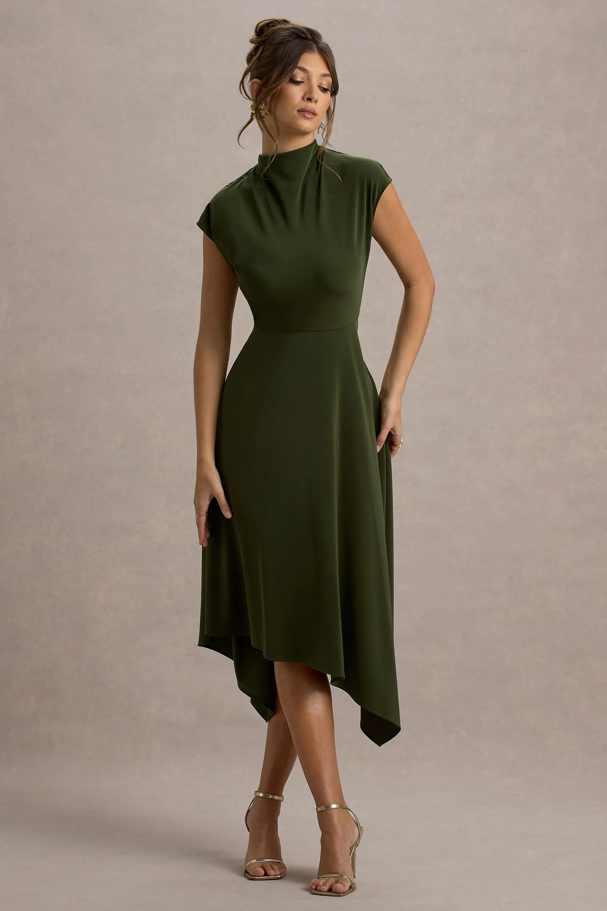Velma | Olive Satin Midi Dress With Draped Hem Club L London