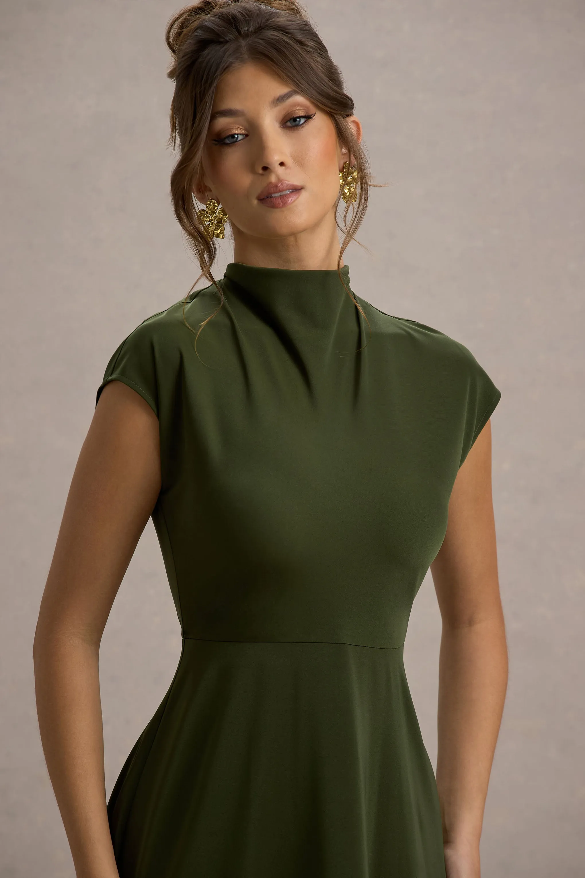 Velma | Olive Satin Midi Dress With Draped Hem Club L London