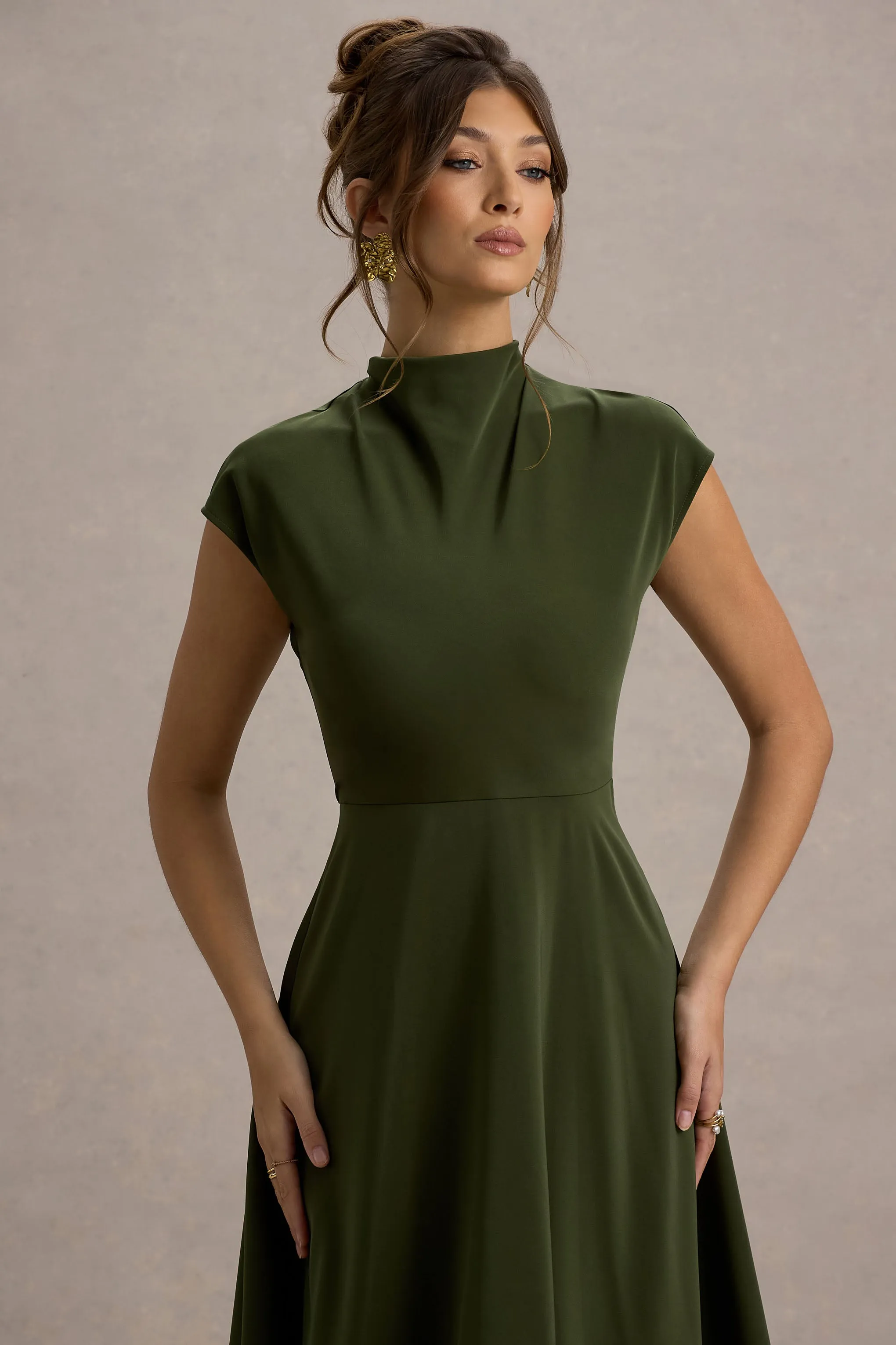 Velma | Olive Satin Midi Dress With Draped Hem Club L London