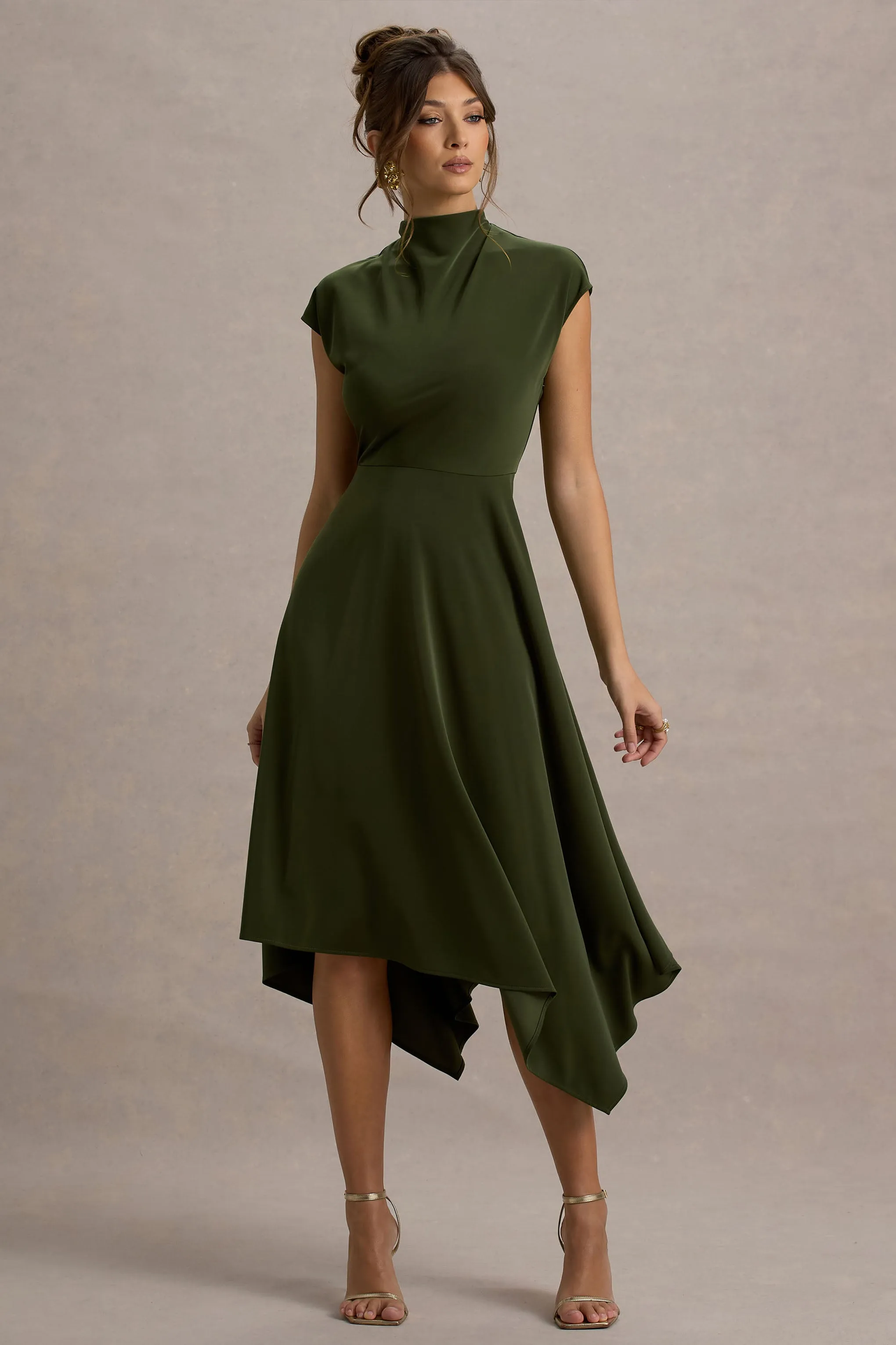 Velma | Olive Satin Midi Dress With Draped Hem Club L London