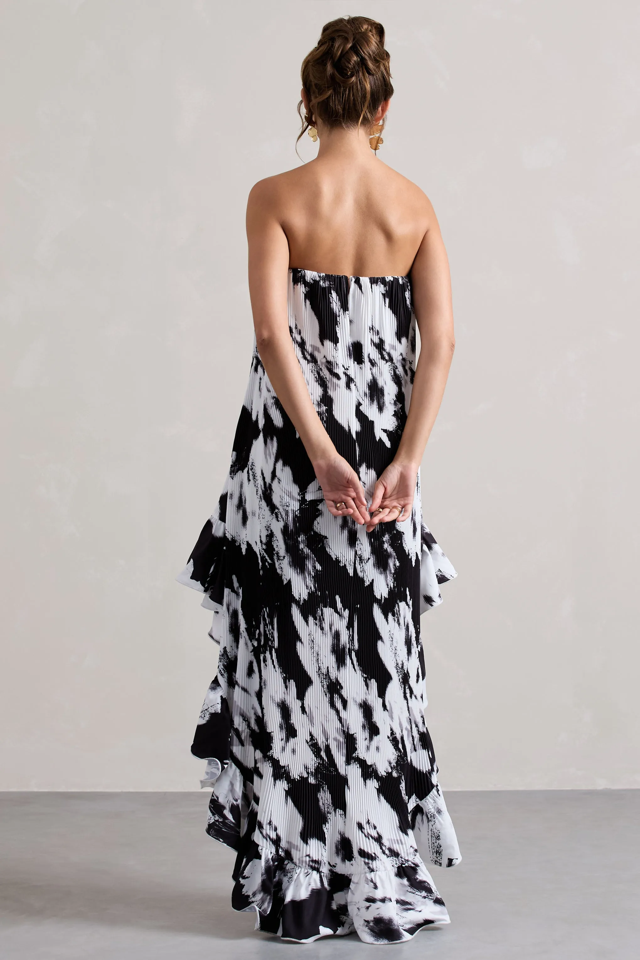 Whistler | Monochrome Floral Chiffon Bandeau High-Low Ruffled Maxi Dress Club L London