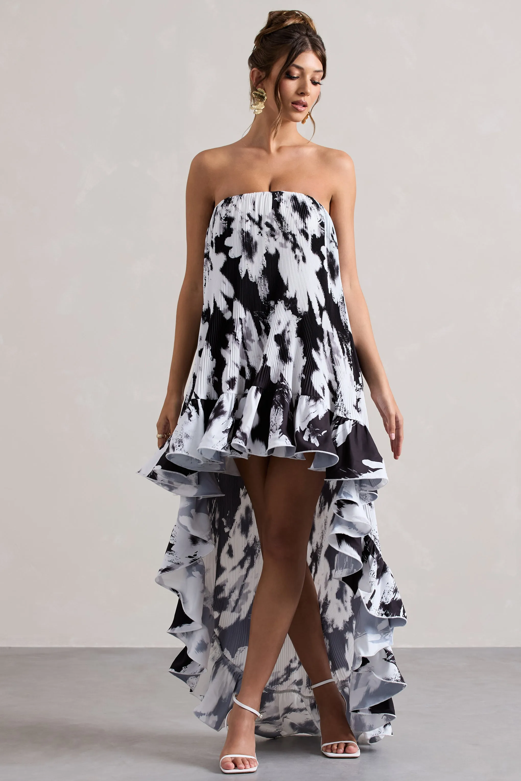 Whistler | Monochrome Floral Chiffon Bandeau High-Low Ruffled Maxi Dress Club L London