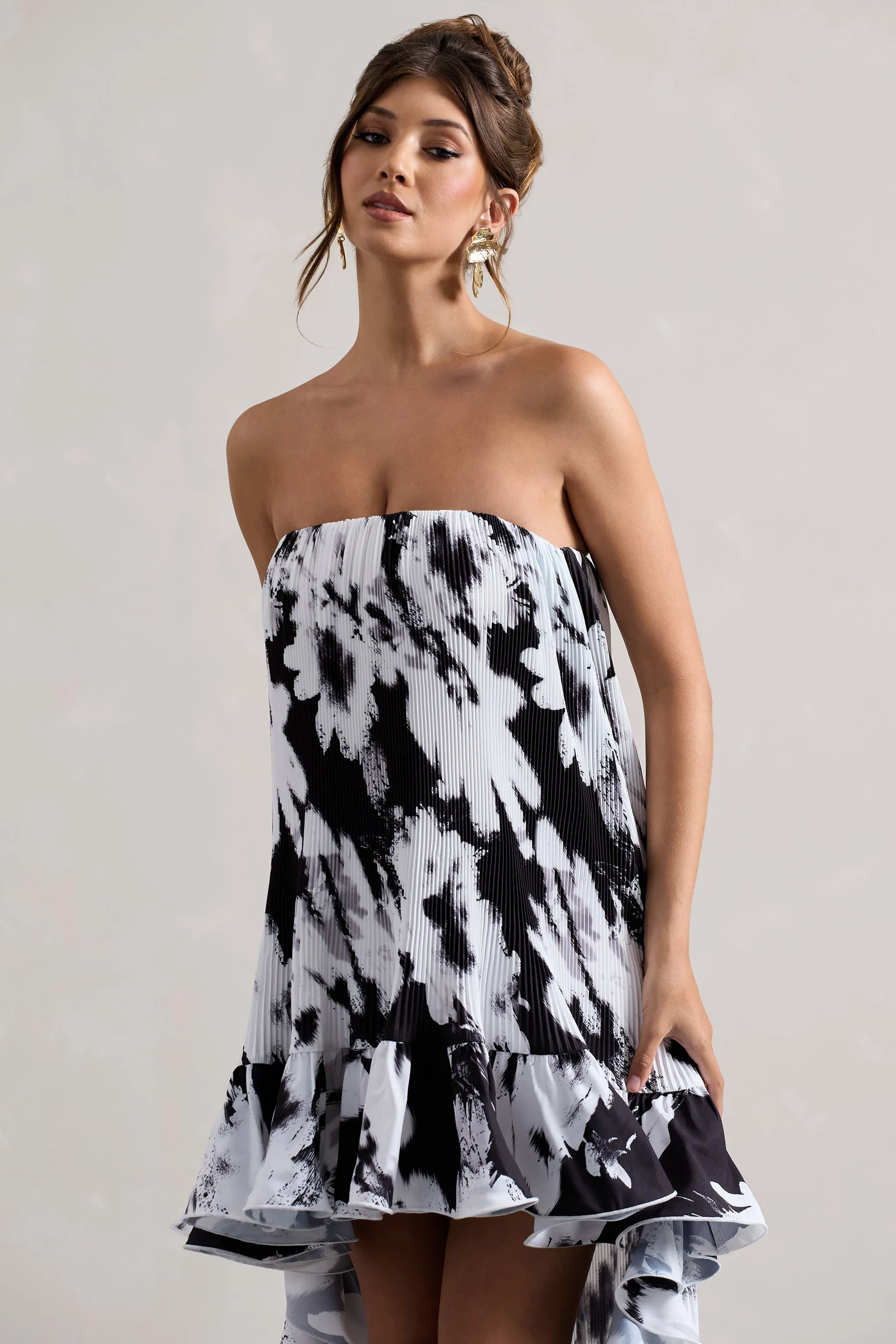 Whistler | Monochrome Floral Chiffon Bandeau High-Low Ruffled Maxi Dress Club L London