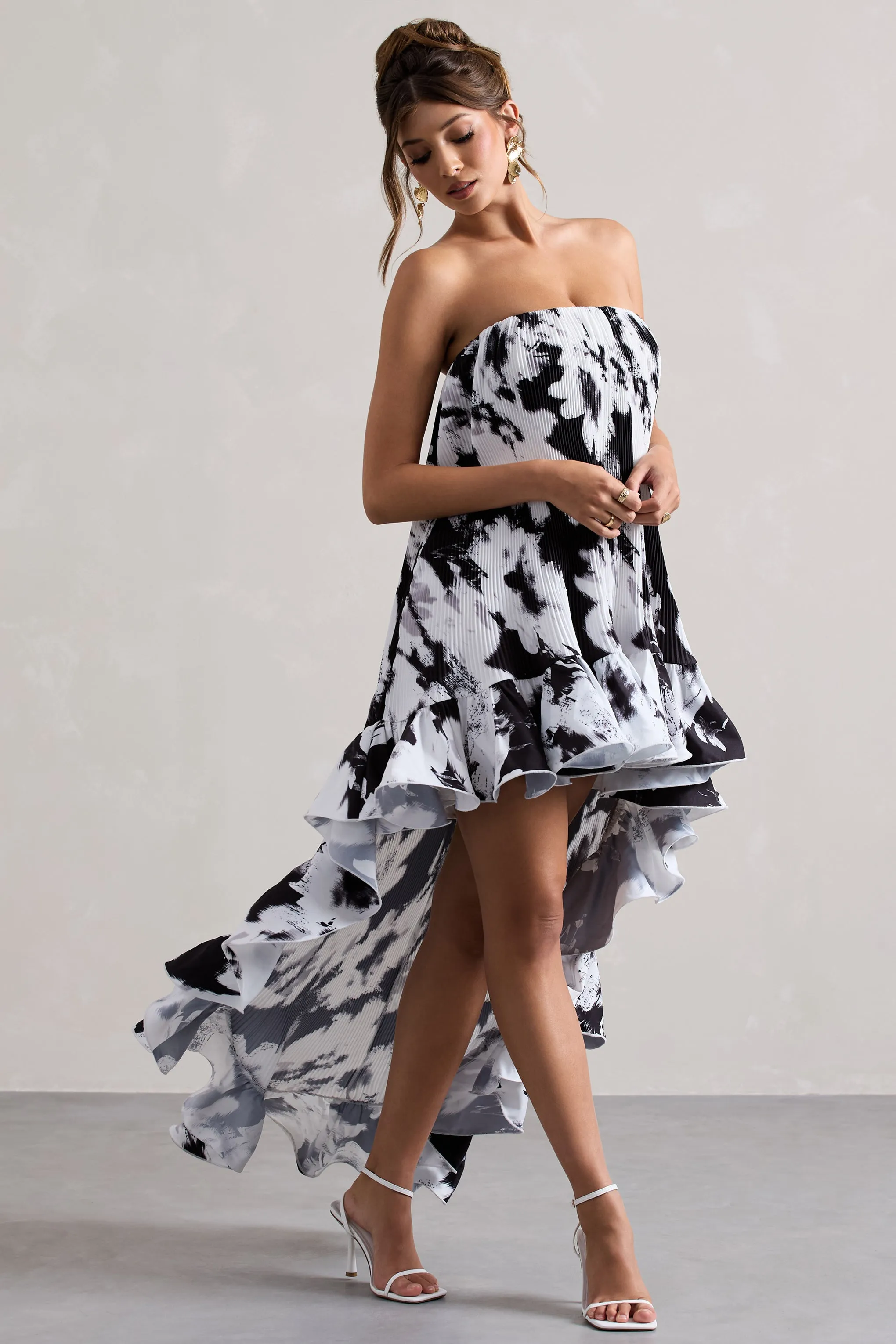 Whistler | Monochrome Floral Chiffon Bandeau High-Low Ruffled Maxi Dress Club L London