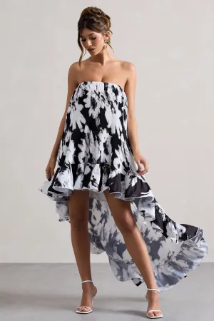 Whistler | Monochrome Floral Chiffon Bandeau High-Low Ruffled Maxi Dress Club L London