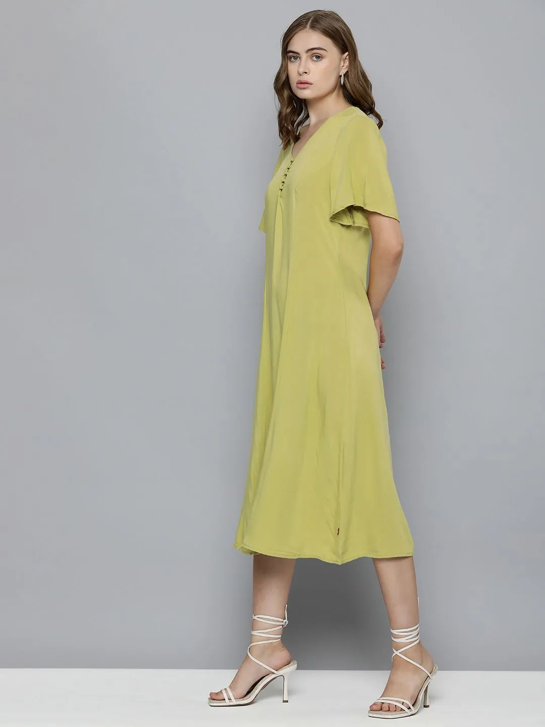 Women's Solid Green V Neck Dresses LEVI'S