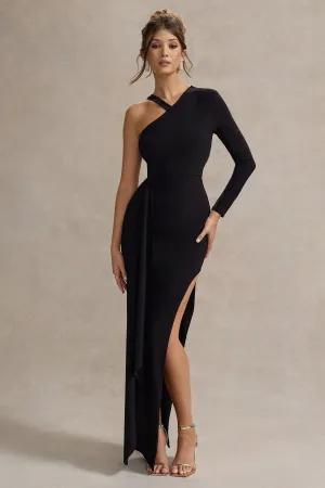 Zhuri | Black Asymmetric One-Sleeve Draped Maxi Dress Club L London
