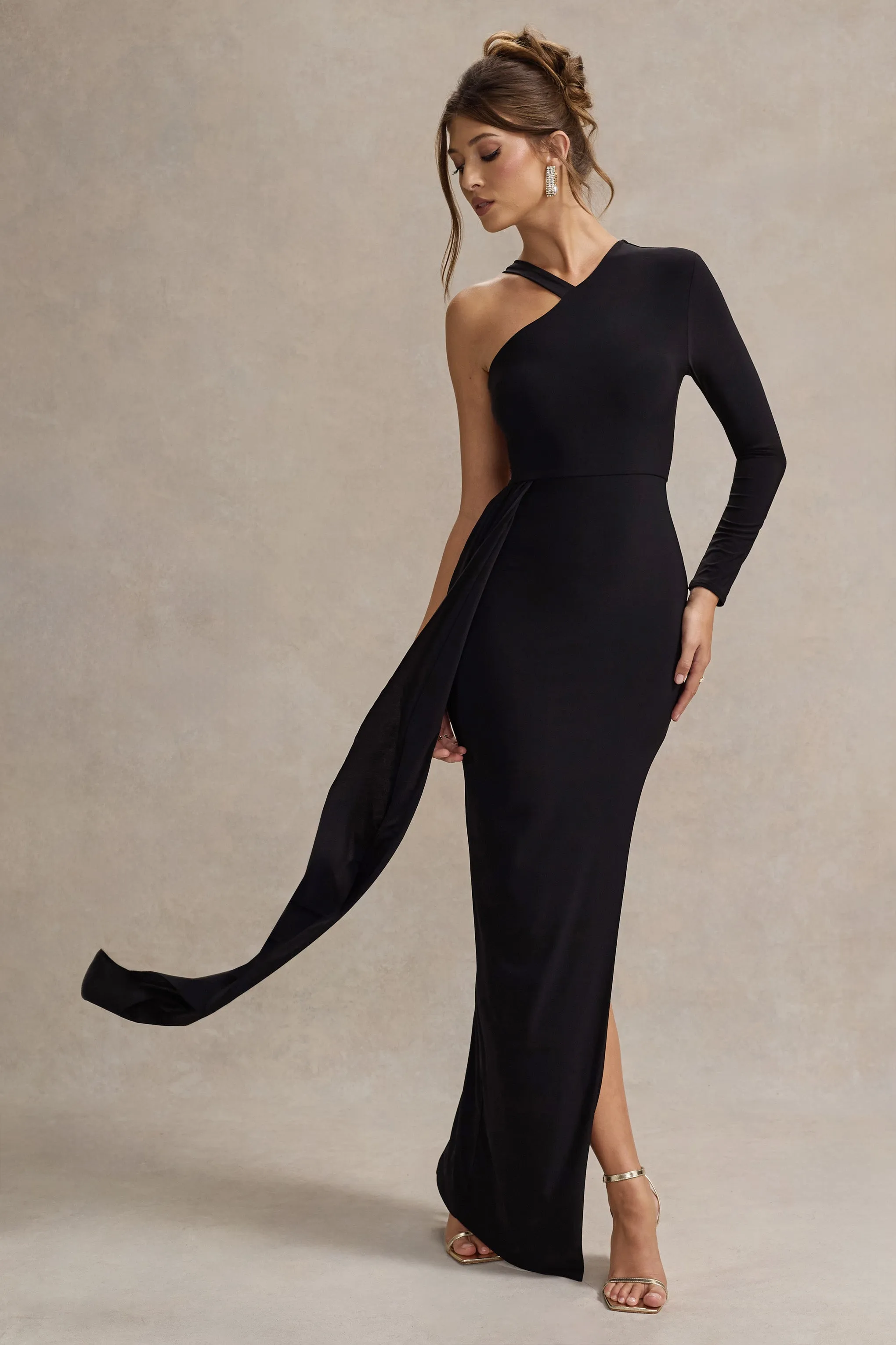 Zhuri | Black Asymmetric One-Sleeve Draped Maxi Dress Club L London